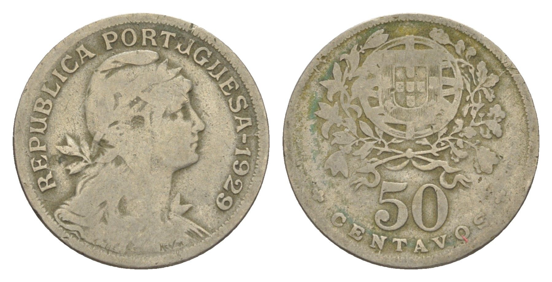 Португалия 50 сентаво 1929 голова Свободы вправо KM 577 никель латунь 4388-131