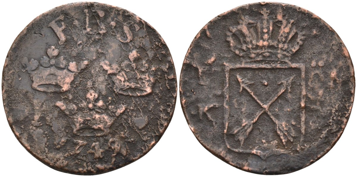 Швеция 1 эре 1749 FRS, Фредерик I (1720-1751) KM 383.3 медь 4586-515