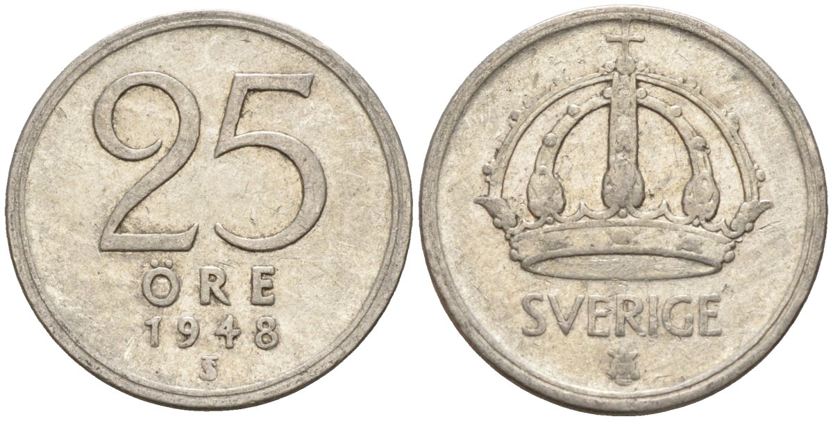 Швеция 25 эре 1948 TS, Густав V (1907-1950) KM 816 серебро 4147-1012