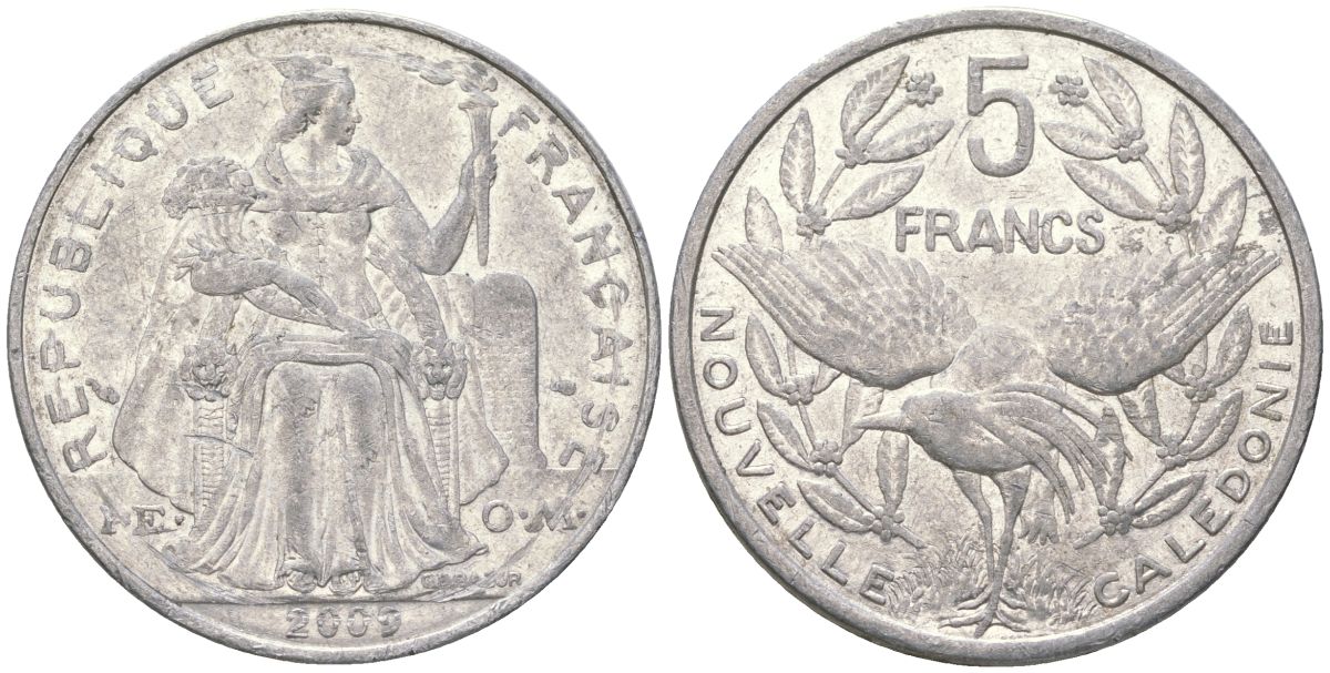 Французская Новая Каледония 5 франков 2009 птица кагу, (IEOM) KM 16, Schoen 12, Lec 81k алюминий 221-832