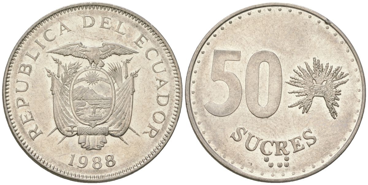 Эквадор 50 сукре 1988 KM 93 сталь плакированная никелем 4511-934
