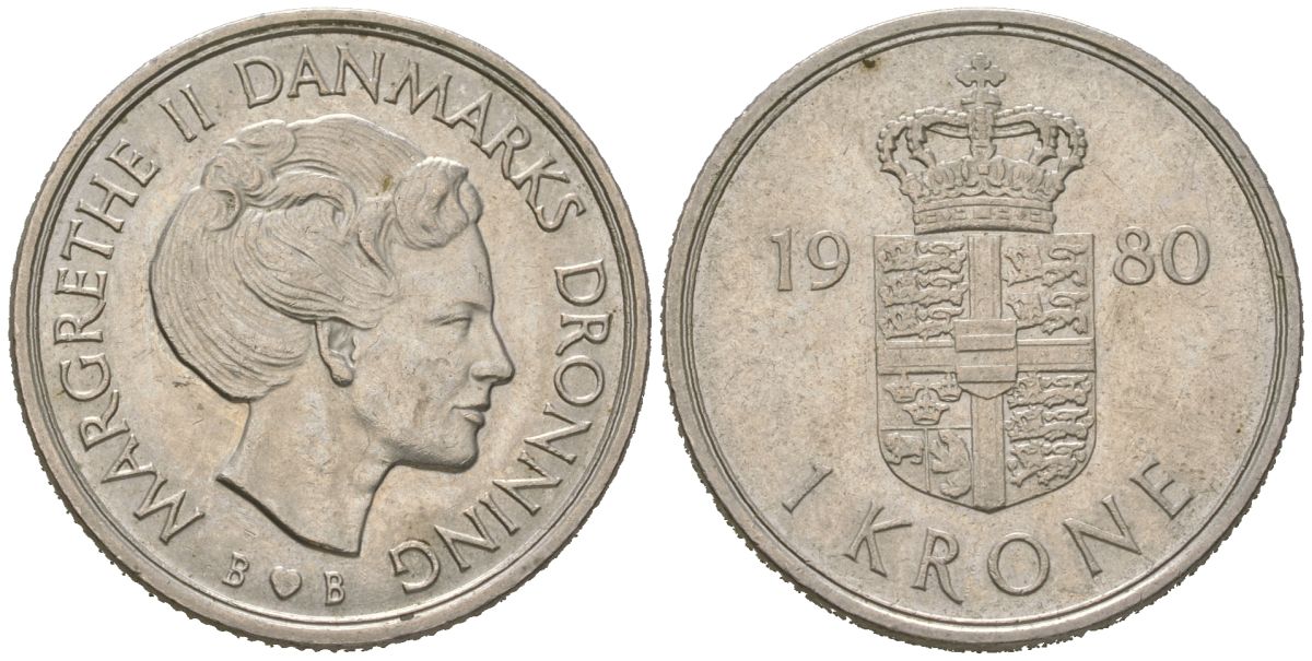Дания 1 крона 1980 B; S, Маргрете II (1972-) KM 862 медно-никель aUNC 216-131