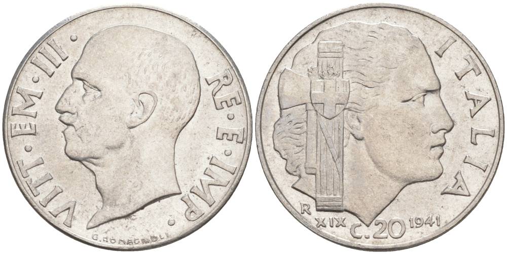 ИТАЛИЯ 20 ЧЕНТЕЗИМО 1941 R, ГОД XIX, ВИКТОР ЭММАНУИЛ III (1900-1946) KM 75b, VEM3. 1028 нержавеющая сталь 3853-633
