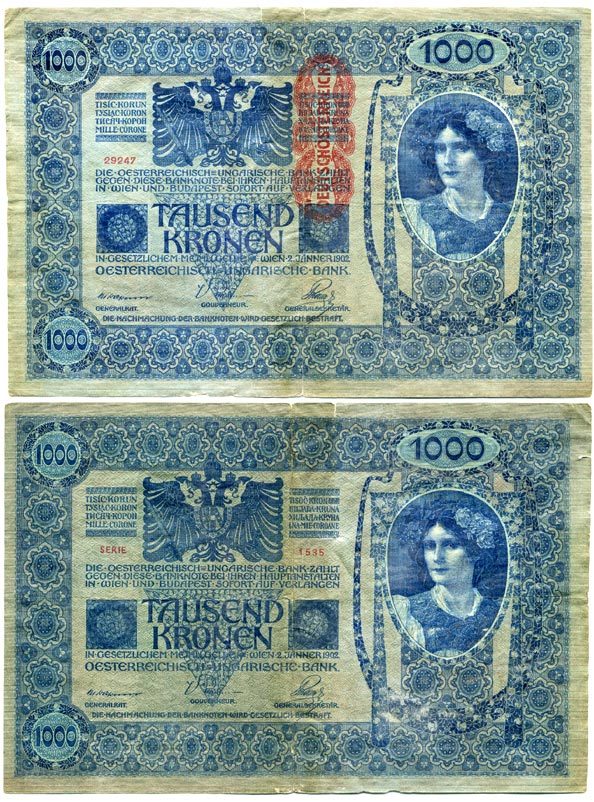 АВСТРИЯ 1000 КРОН 1919 КРАСНАЯ ВЕРТИКАЛЬНАЯ НАДПЕЧАТКА НА 1902 Pick 59 бумага 7146-59-1-1