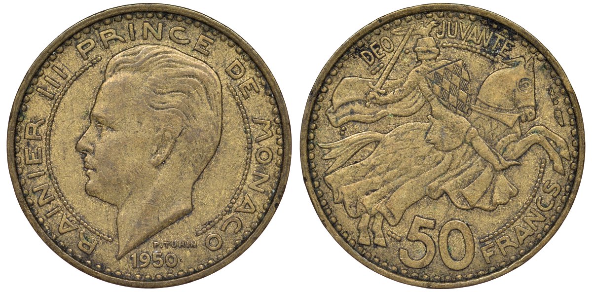 Монако 50 франков 1950 Ренье III (1949-2005) KM 132 алюминиевая бронза 51-2541