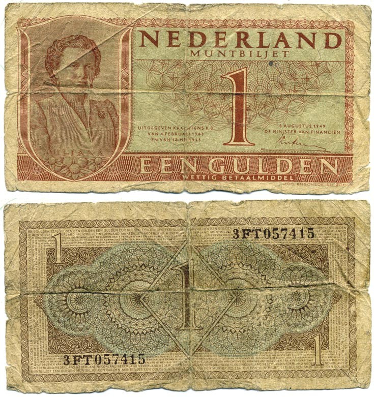 НИДЕРЛАНДЫ 1 ГУЛЬДЕН 1949 8 АВГУСТА 1949, КОРОЛЕВА ЮЛИАНА Pick 72 бумага 444-141-2