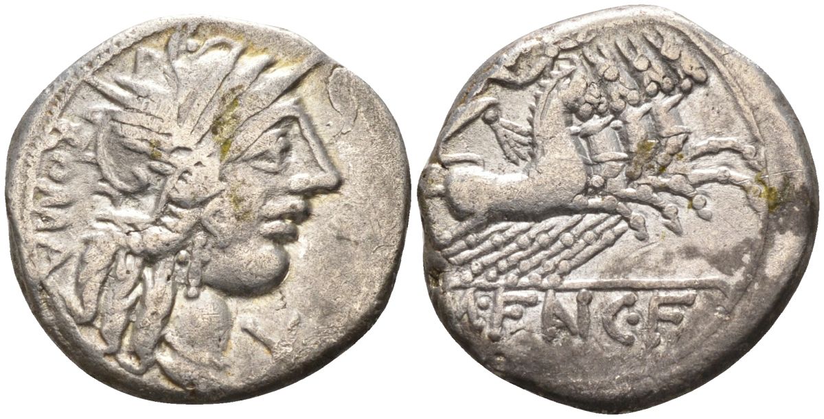 Римская Республика денарий 123 г. до н.э. монетарий М. Фанний, ROMA, голова Ромы в шлеме, X (обозначение номинала) / M FAN C F, Виктория в квадриге, Рим, 3,81 гр Cr. 275/1; Syd. 419 серебро 1073-9-15