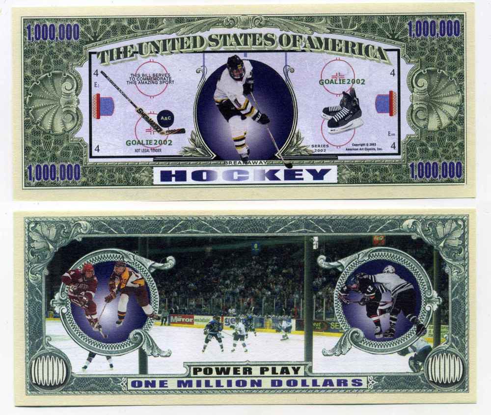 США 1000000 ДОЛЛАРОВ 2002 СУВЕНИРНАЯ БАНКНОТА, ХОККЕЙ НА ЛЬДУ бумага UNC (ПРЕСС) 8588-13-3-2