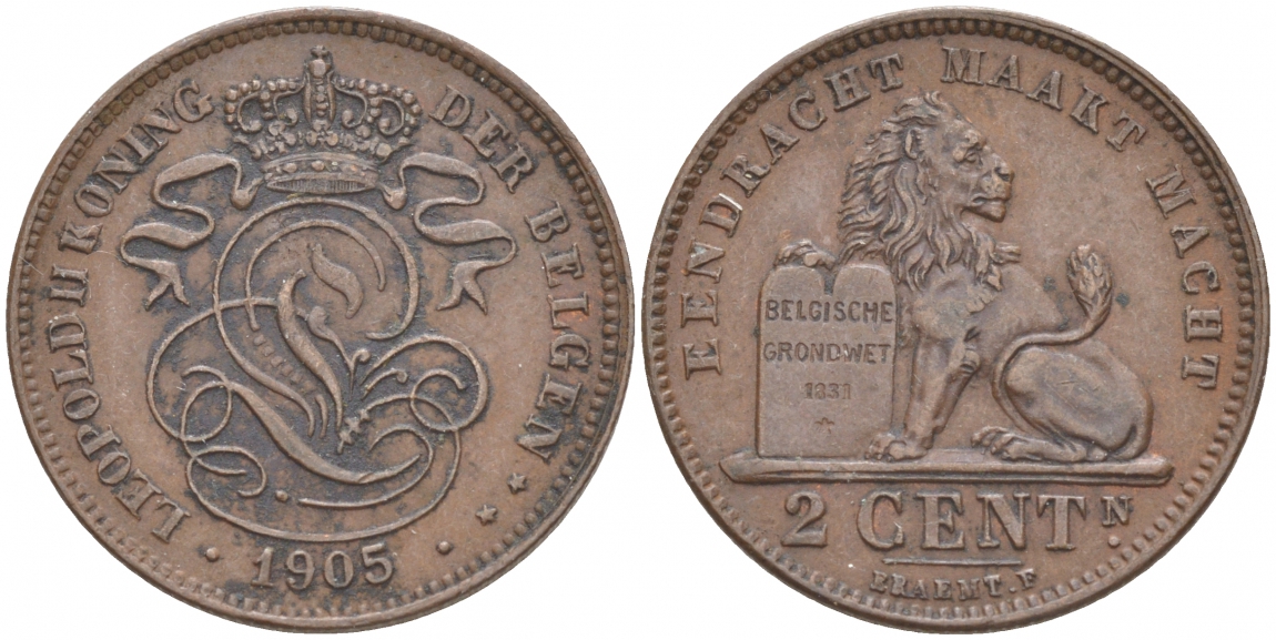 БЕЛЬГИЯ 2 САНТИМА 1905 BELGEN KM 36 медь 68-213