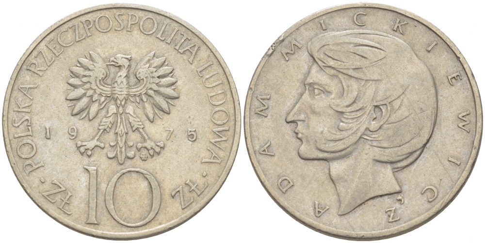 Польша 10 злотых 1975 MW, Адам Мицкевич (1798-1855) KM 74, Parchimowicz 242a медно-никель 213-813