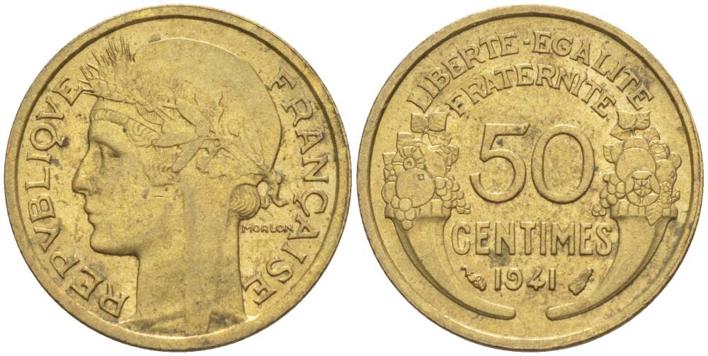 ФРАНЦИЯ 50 САНТИМОВ 1941 ТИП MORLON KM 894.1, LE FRANC 192.18 алюминиевая бронза 44-534
