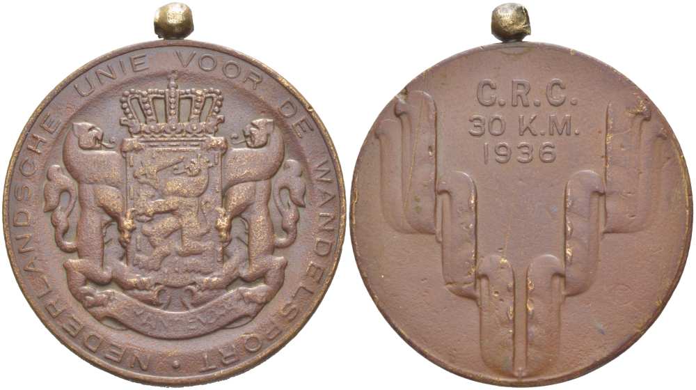 НИДЕРЛАНДЫ МЕДАЛЬ 1936 ОТ НИДЕРЛАНДСКОГО СОЮЗА ПЕШИХ ПРОГУЛОК, ЗА УЧАСТИЕ В МАРАФОНЕ НА 30 КИЛИМЕТРОВ, С УШКОМ ДЛЯ НОШЕНИЯ, ДИАМЕТР 35 ММ. жёлтый металл 215-733