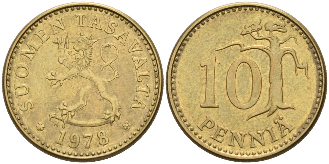 ФИНЛЯНДИЯ 10 ПЕННИ 1978 K KM 46 алюминиевая бронза 192-1043