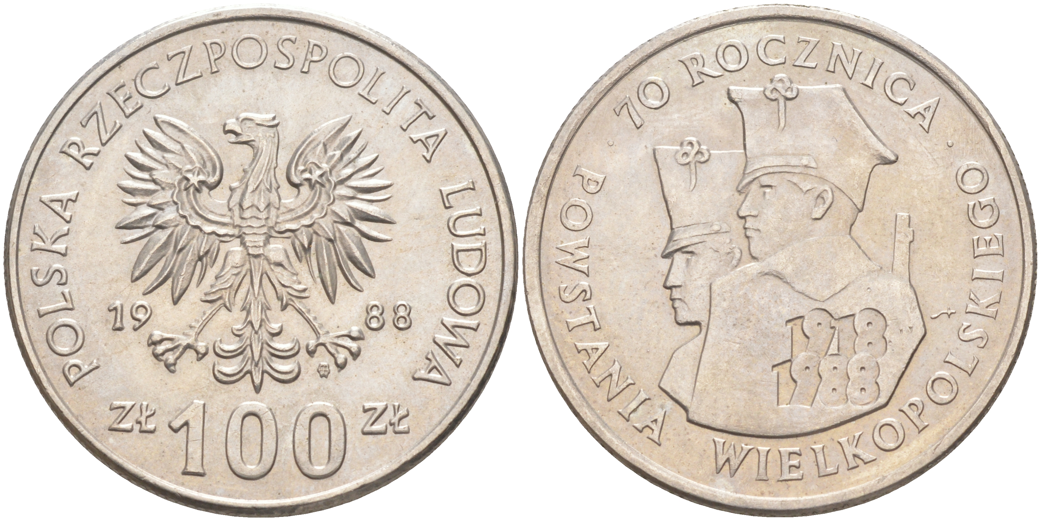 ПОЛЬША 100 ЗЛОТЫХ 1988 MW, 70 ЛЕТ ВЕЛИКОПОЛЬСКОГО ВОССТАНИЯ KM 182 медно-никель UNC 4111-346