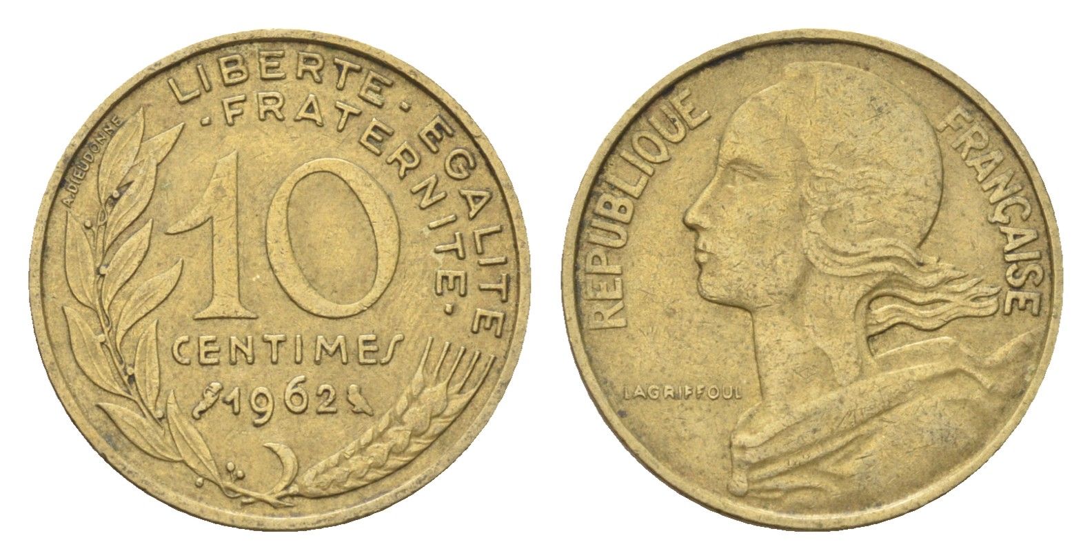 Франция 10 сантимов 1962 KM 929 алюминиевая бронза 4702-1253