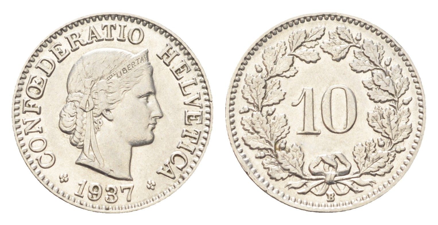 Швейцария 10 раппенов 1937 B KM 27b никель 4708-152