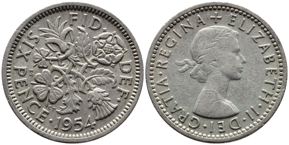 Великобритания 6 пенсов 1954 Елизавета II (1952-2022) KM 903, Spink 4149 медно-никель 4392-162