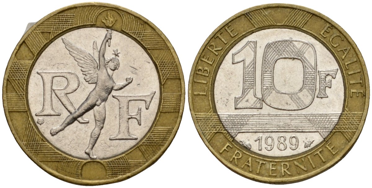 Франция 10 франков 1989 тип гений Бастилии KM 964.1, Le Franc 375.3 биметалл 4601-417