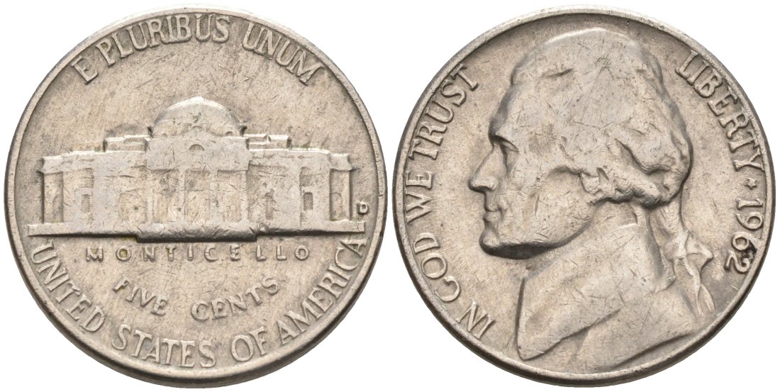 США 5 центов 1962 D, Джефферсон KM А192 медно-никель 92-1046