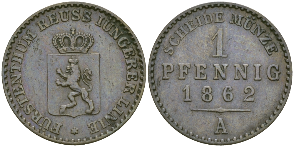 РЕЙС-ШЛАЙЦ 1 ПФЕННИГ 1862 А KM 69 медь 99-928