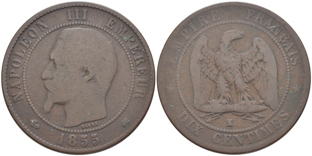 ФРАНЦИЯ 10 САНТИМОВ 1855 K, НАПОЛЕОН III (1852-1870) KM 771.5, L;E FRANC 133.27 бронза 114-636