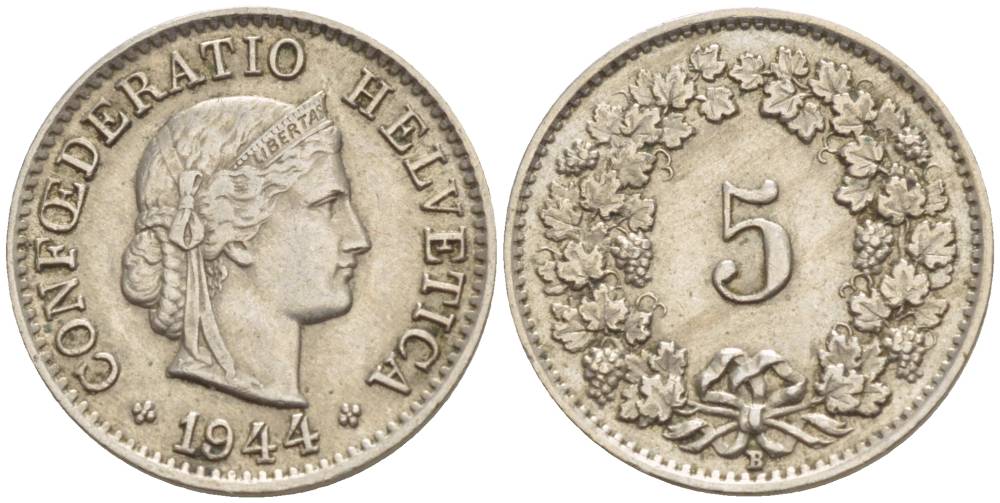 Швейцария 5 раппенов 1944 В KM 26 медно-никель 4532-941