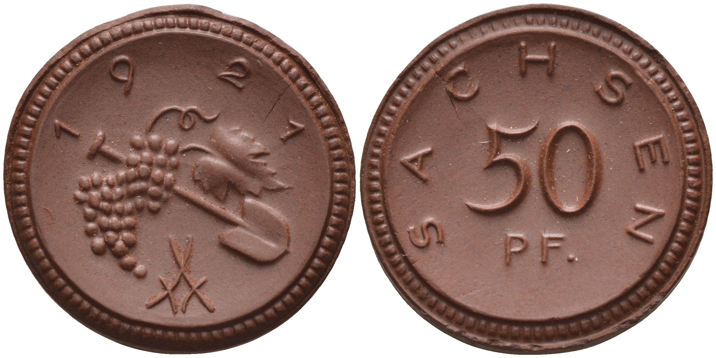 Саксония 50 пфеннигов 1921 виноград и лопата J. N 54 фарфор 1094-5-73