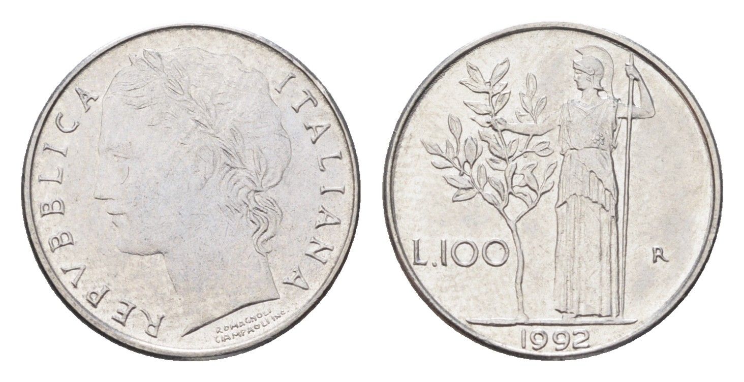 Италия 100 лир 1992 R, Афина в доспехах KM 96.2 нержавеющая сталь 4705-163