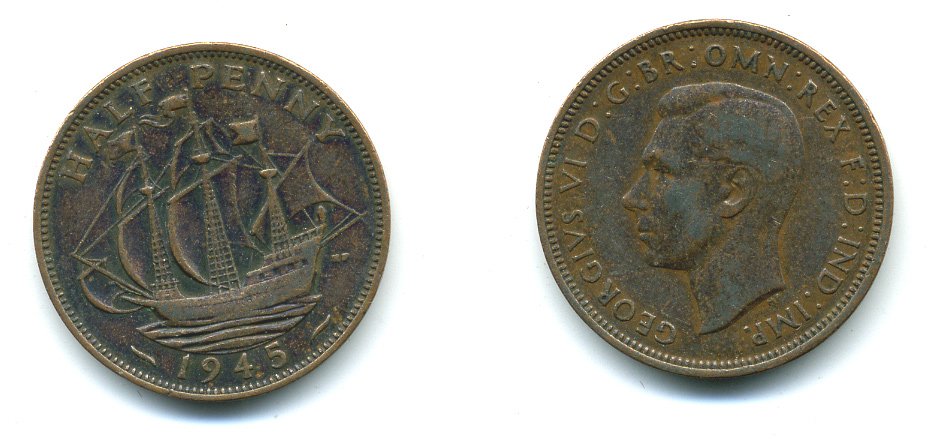 Великобритания 1/2 пенни 1945 Георг VI (1936-1952) KM 844, Spink 4115 бронза 540-441