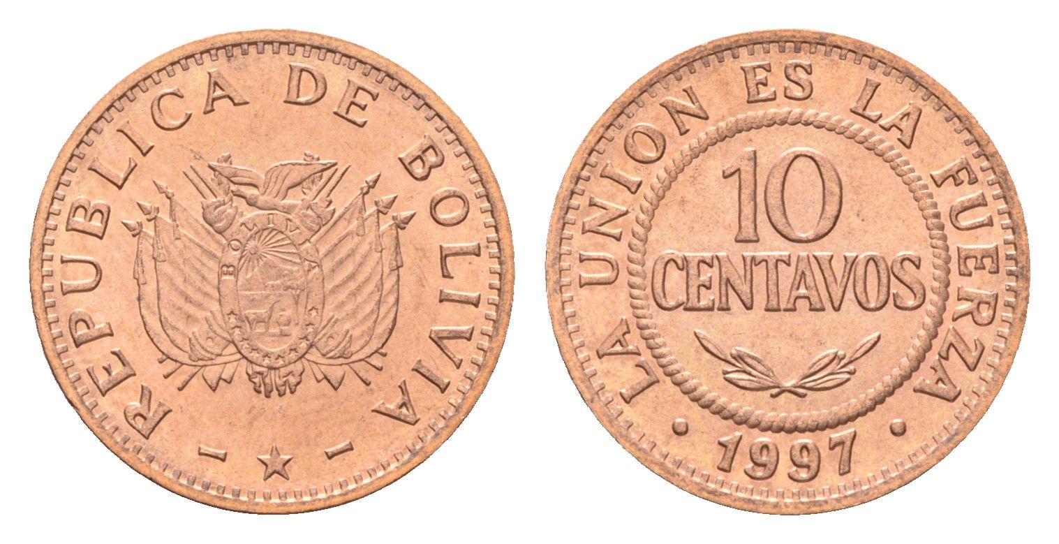 Боливия 10 сентаво 1997 год-тип KM 202a сталь плакированная медью UNC 4659-1257