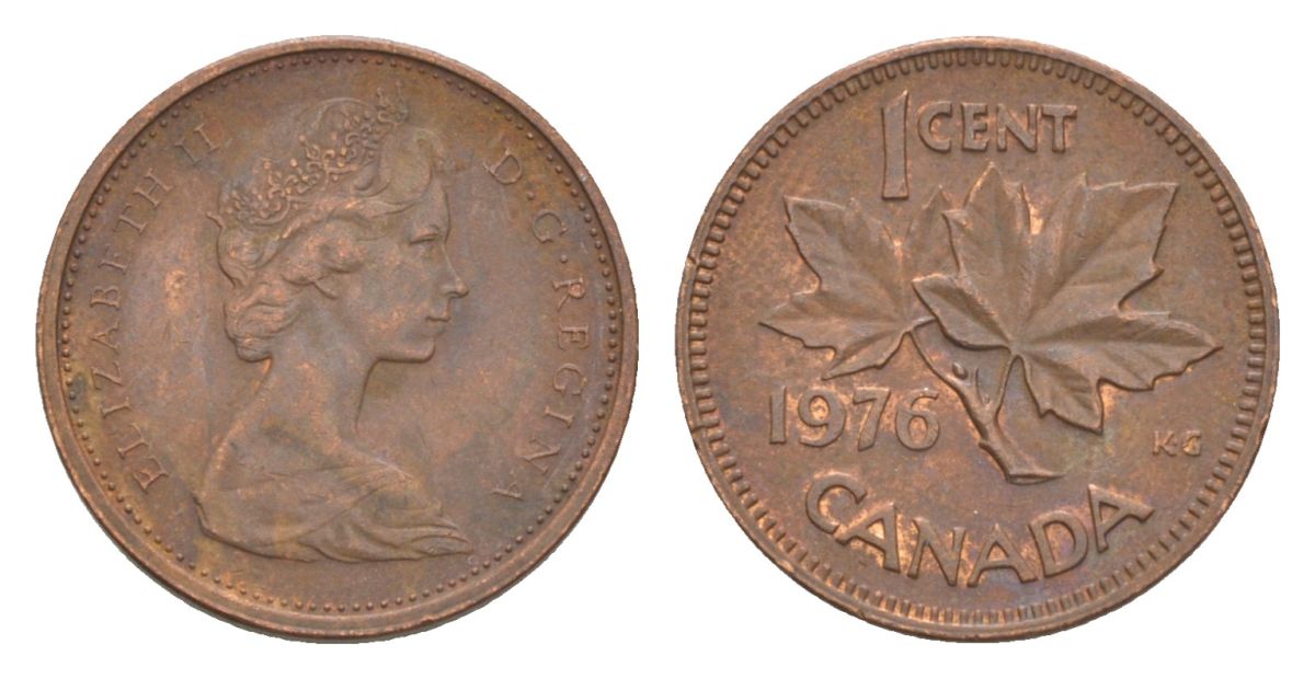 Канада 1 цент 1976 Елизавета II (1952-2022), кленовый лист KM 59 бронза 4630-555