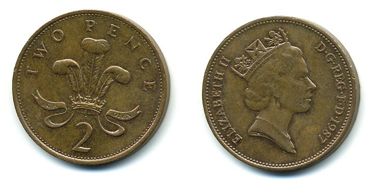 Великобритания 2 пенса 1987 Елизавета II (1952-2022) КМ 936, Spink 4376 (C3) бронза 4110-715