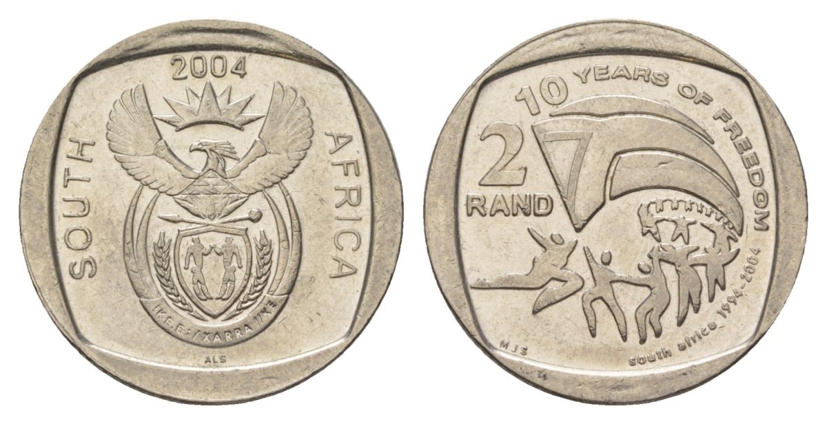 ЮАР 2 ранда 2004 10 лет первым всеобщим выборам KM 334 медь плакированная никелем UNC 4628-126