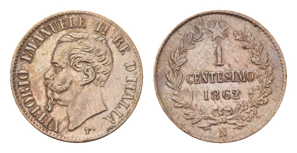 Италия 1 чентезимо 1862 N, Виктор Эммануил II (1861-1878) KM 1.2 медь aUNC 413-1532