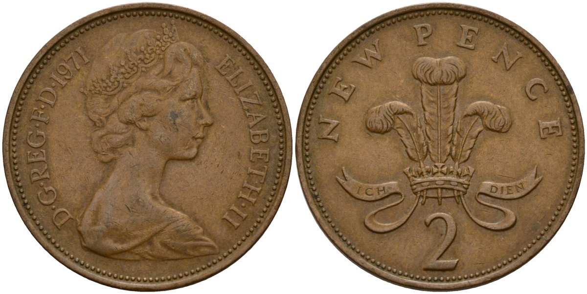 Великобритания 2 пенса 1971 Елизавета II (1952-2022) KM 916, Spink 4235 (C1) бронза 4156-515