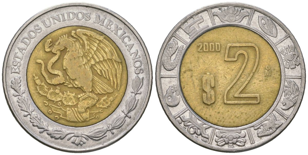 Мексика 2 песо 2000 M KM 604 биметалл 4591-216
