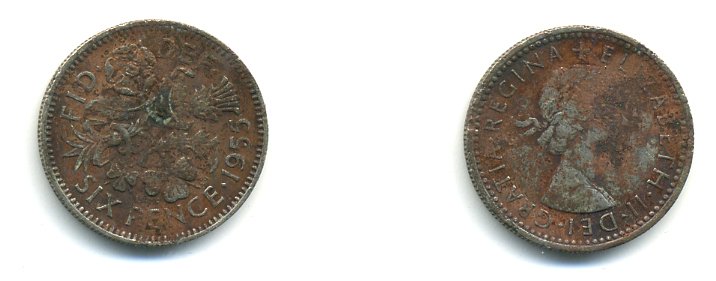 Великобритания 6 пенсов 1955 Елизавета II (1952-2022) KM 903, Spink 4149 медно-никель 59-734