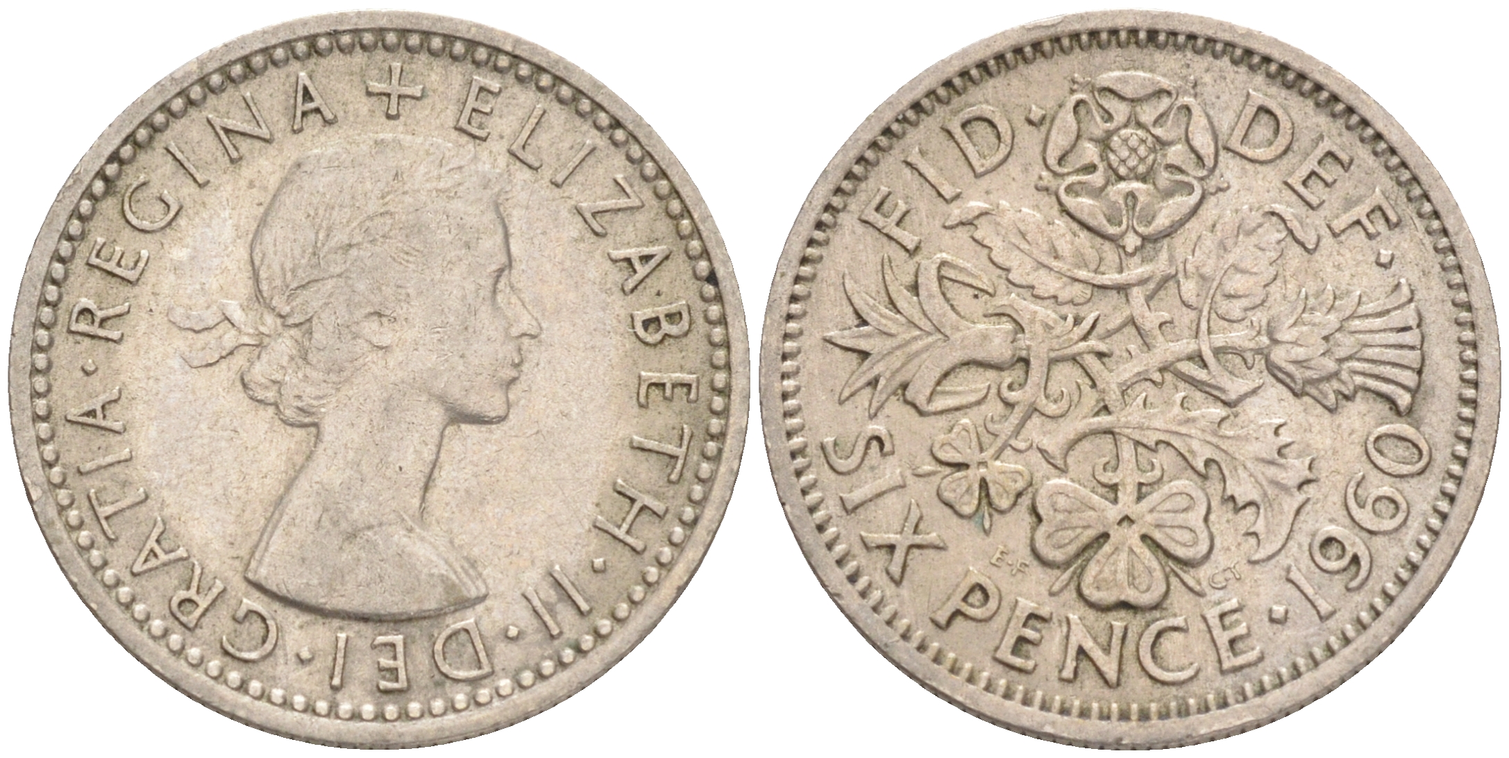 Великобритания 6 пенсов 1960 Елизавета II (1952-2022) KM 903, Spink 4149 медно-никель 192-235