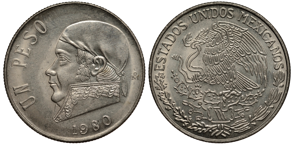 Мексика 1 песо 1980 Хосе Мария Морелос, закрытая 8 KM 460 медно-никель XF- 215-926
