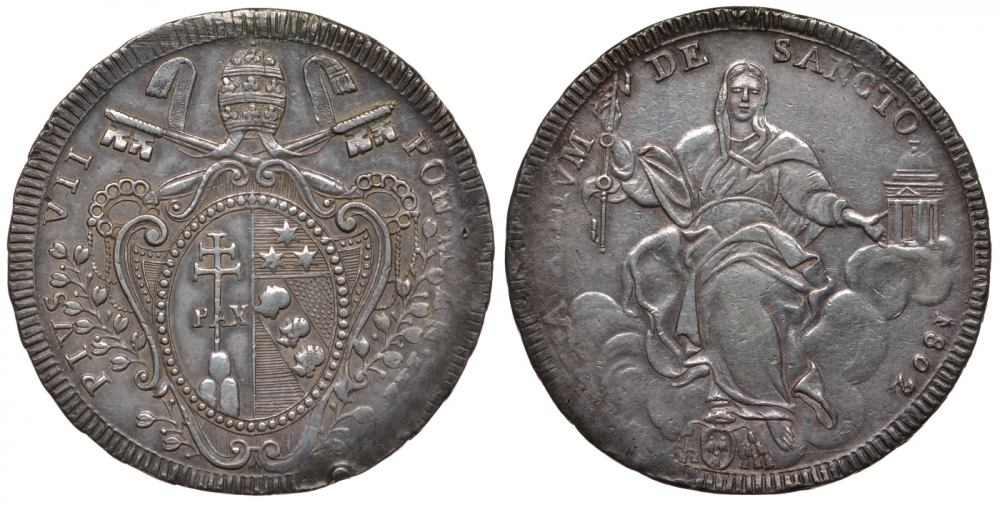 Ватикан, Папская область 1 скудо 1802 R, III год, Пий VII (1800-1823), KM 1249 (C119), Gig 22, Berman 3220 серебро 00-000-00
