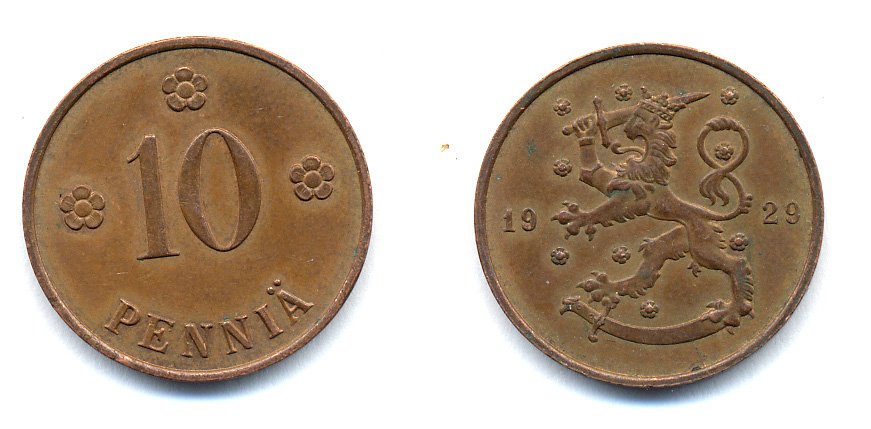 Финляндия 10 пенни 1929 республика (1918-1962) KM 24 медь 46-1654