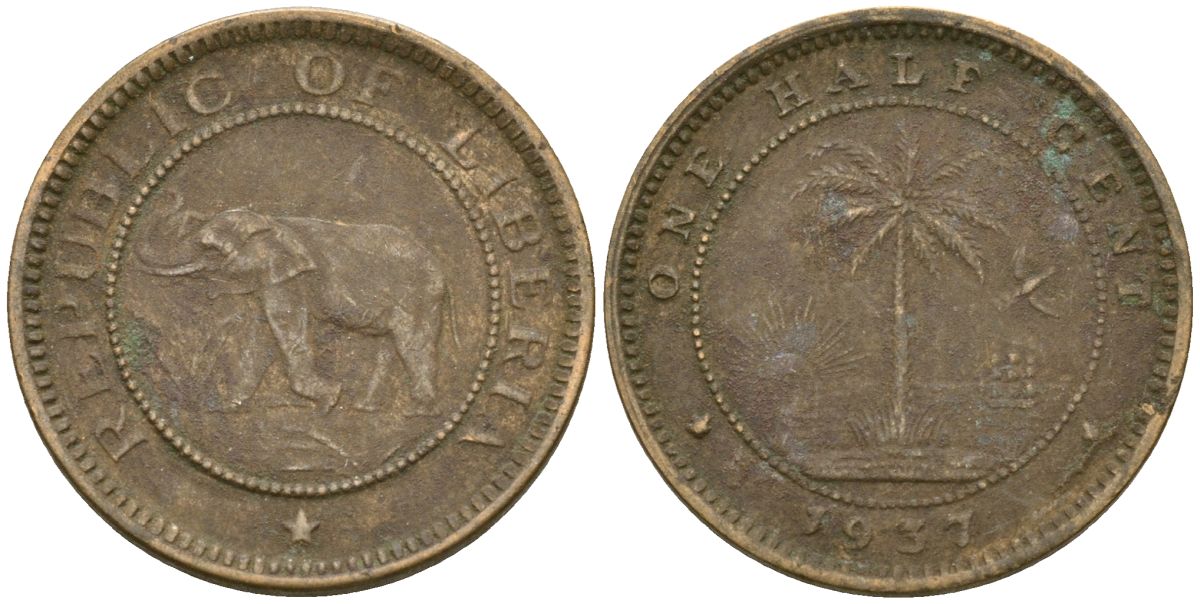Либерия 1/2 цента 1937 KM 10 латунь 4174-413