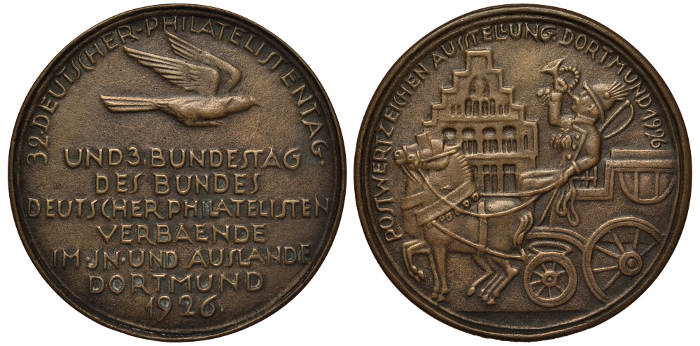 ГЕРМАНИЯ МЕДАЛЬ 1926 ПОВОЗКА, ФИЛАТЕЛИСТЫ ДОРТМУНДА, 63,9 гр, 60 мм бронза 1082-7-13