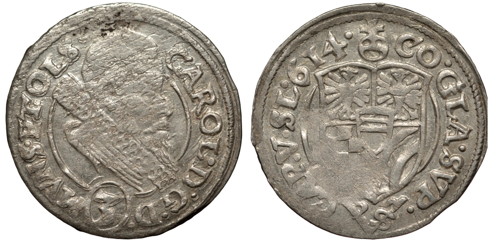 Силезия, Мюнстерберг, Олесница грошен (3 крейцера) 1614 Карл II серебро 413-1214