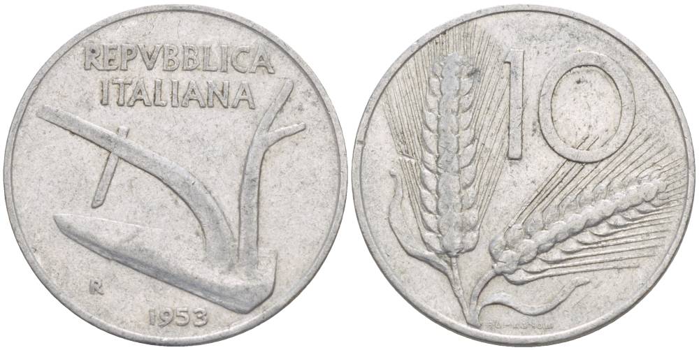 Италия 10 лир 1953 R, плуг, колосья KM 93 алюминий 4551-153