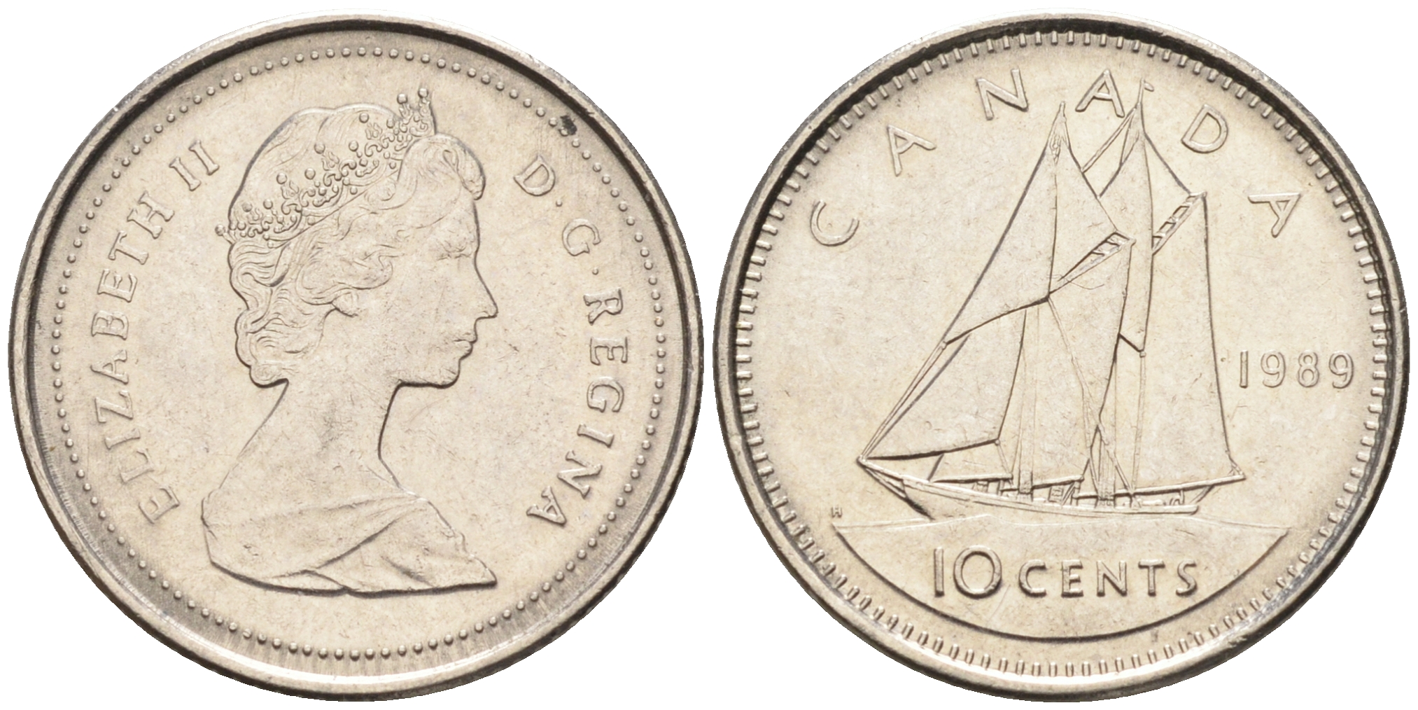 Канада 10 центов 1989 Елизавета II, парусник KM 77.2 никель    4147-366