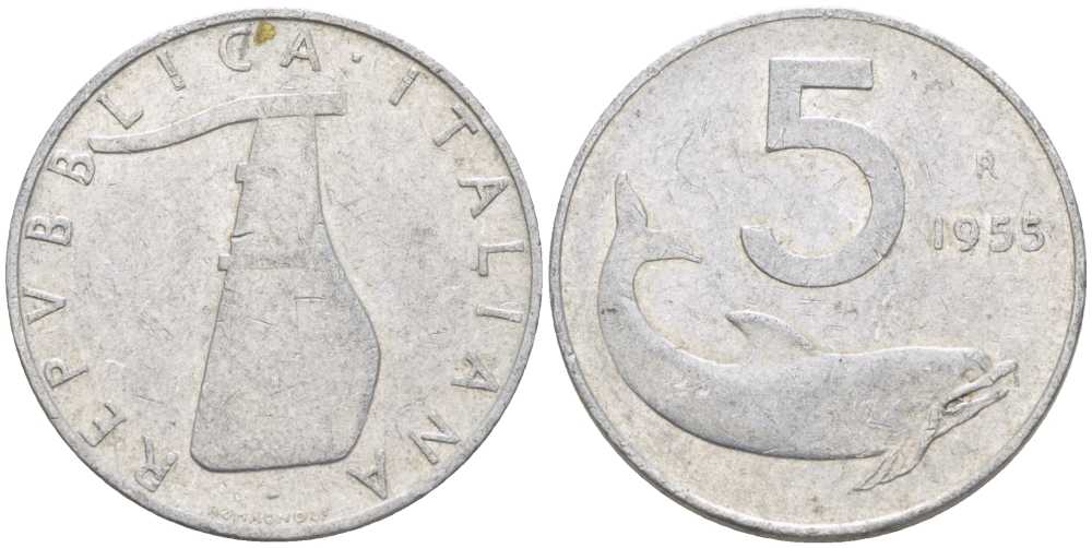 ИТАЛИЯ 5 ЛИР 1955 R, РУЛЬ, ДЕЛЬФИН KM 92 алюминий 175-133