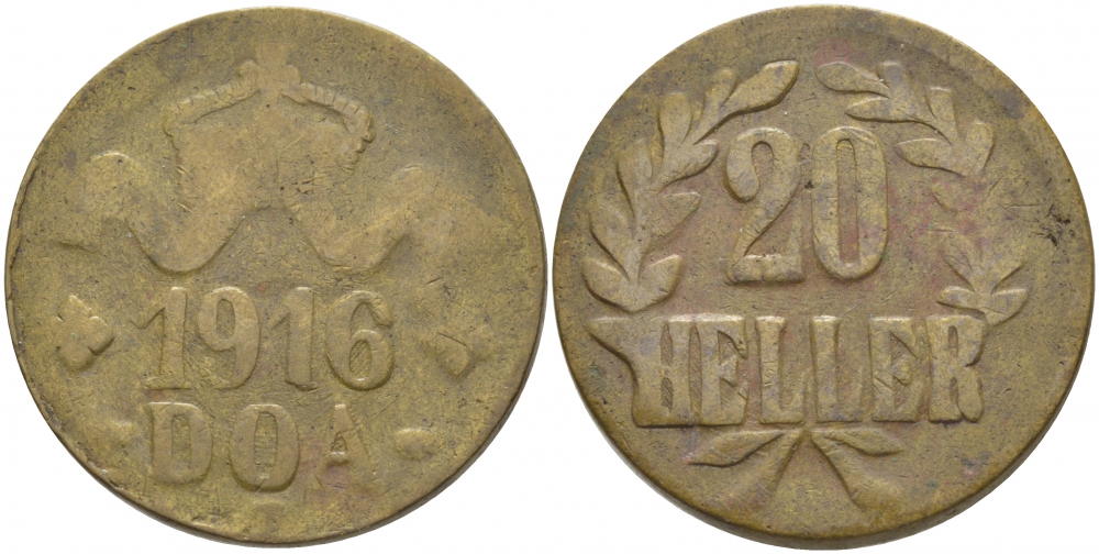 Немецкая Восточная Африка (Танзания) 20 геллеров 1916 T, Ost-Africa, большая корона, буквы LL острые Jaeger 725, KM 15a, WK 25 	латунь 5010-541
