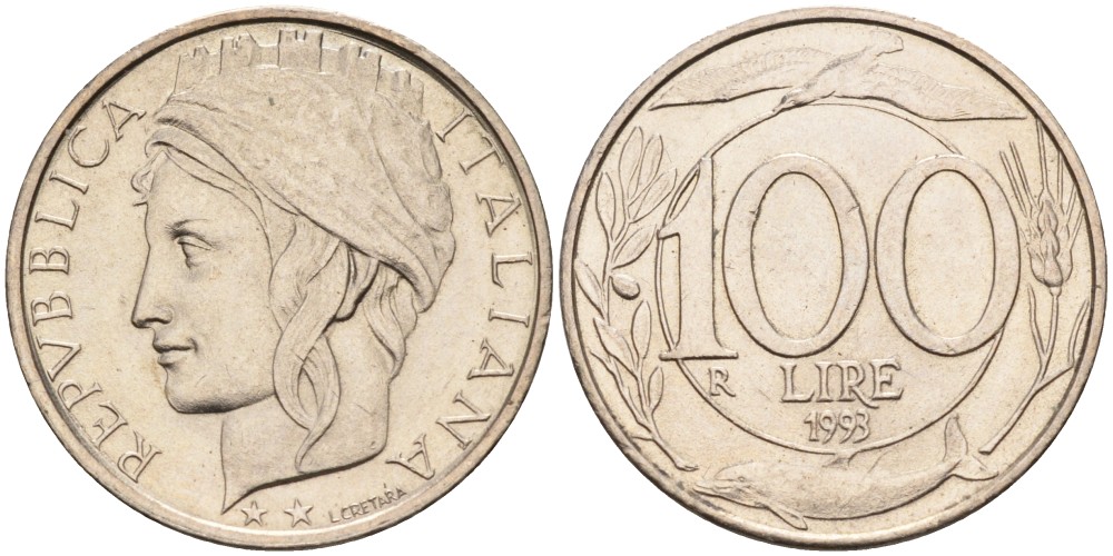 Италия 100 лир 1999 R, дельфин KM 159 медно-никель 86-1455