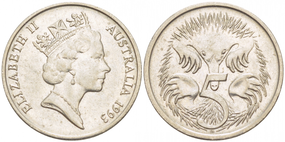 АВСТРАЛИЯ 5 ЦЕНТОВ 1993 ЕЛИЗАВЕТА II, ВТОРОЙ ПОРТРЕТ В КОРОНЕ, ЕХИДНА KM 80 медно-никель 3851-1137